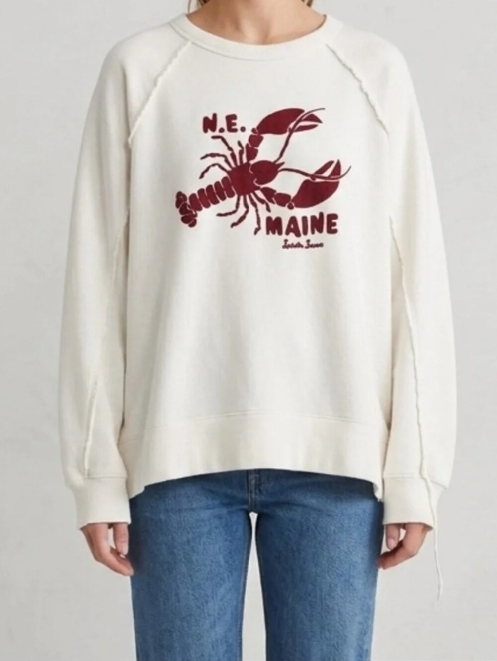 Aerie Crewneck White Sweatshirt with Burgundy Red Lobster Maine Graphic Medium